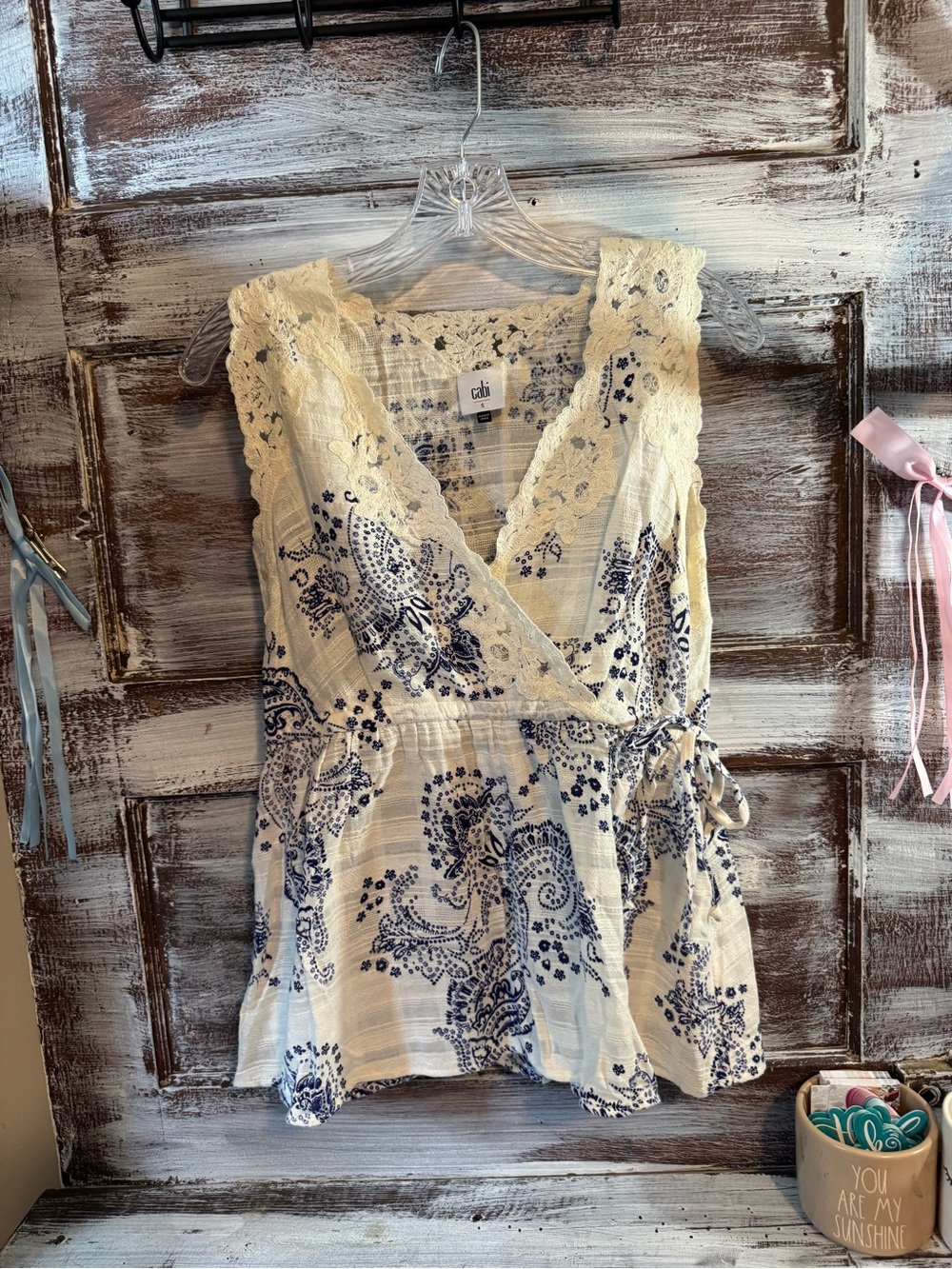 CAbi Cream & Navy Lace-Trim Wrap Camisole